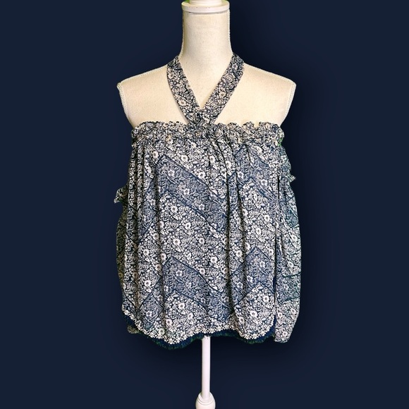 Misa Los Angeles Blue Floral Print ‘Livey’ Off The Shoulder Tie-Neck Top Size XS - Picture 5 of 16